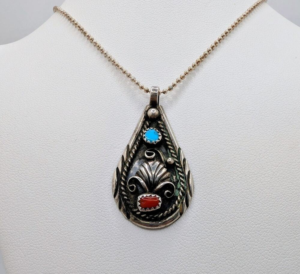 VTG Fred Harvey Era Turquoise and Coral Teardrop Sterling Silver Pendant